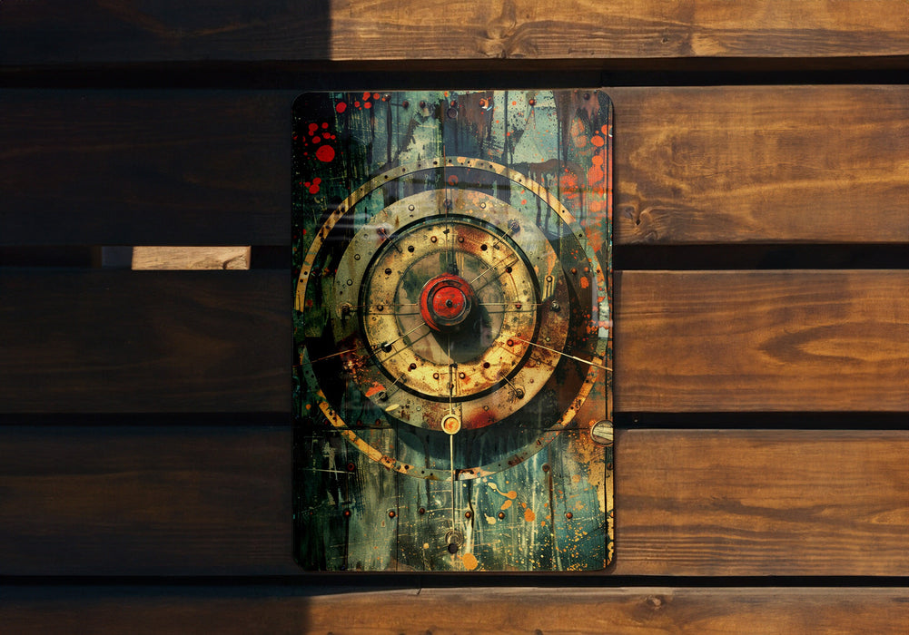 a wooden bench with a painting on it