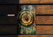 a wooden bench with a painting on it