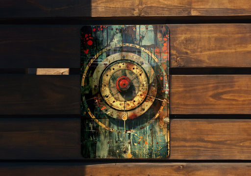 a wooden bench with a painting on it
