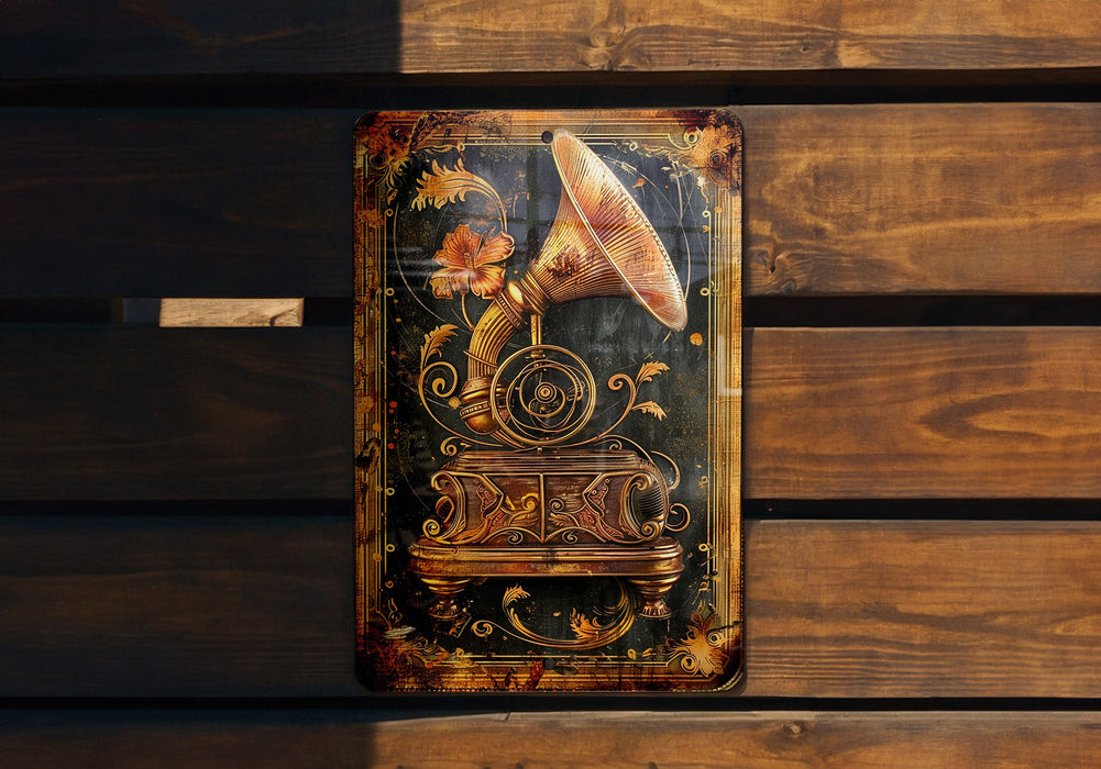 a wooden bench with a decorative sign on it