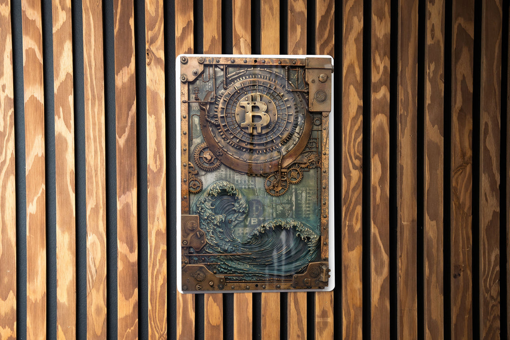 a picture of a bitcoin on a wooden wall