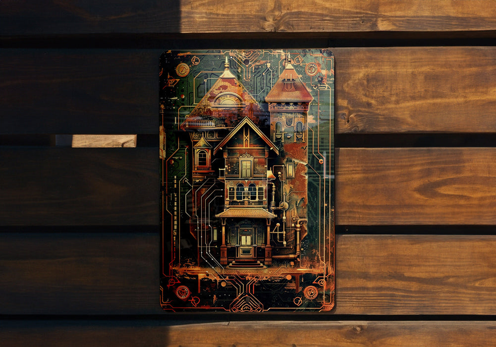a picture of a house on a wooden wall