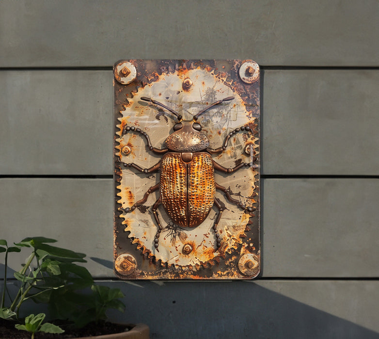 a rusted metal sign with a bug on it