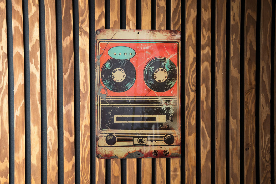 a picture of a radio on a wooden wall