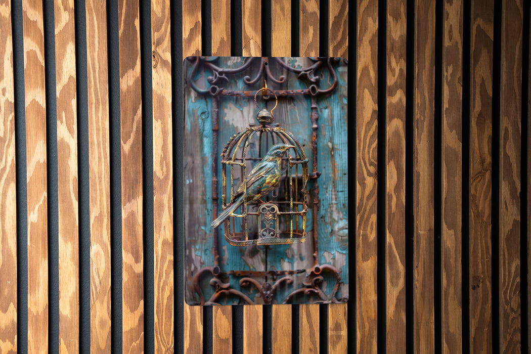 a picture of a bird in a cage on a wall