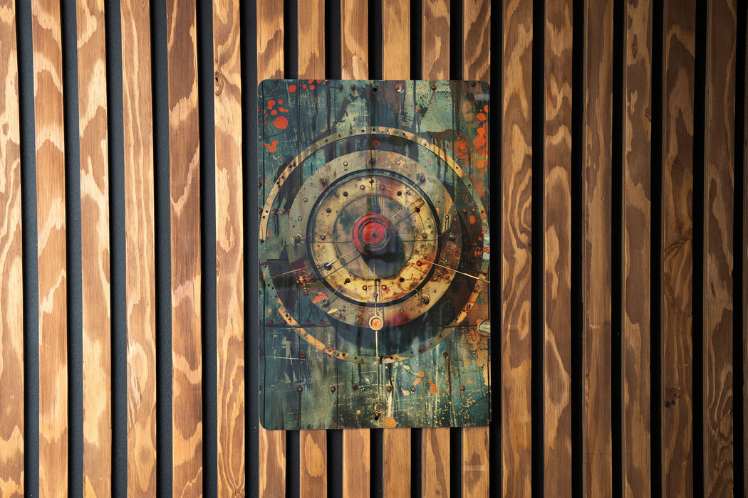 a wooden wall with a picture of a target on it