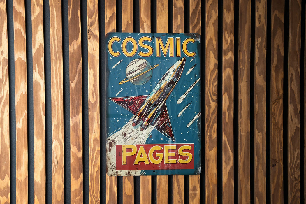 a sign on a wooden wall that says cosmic pages