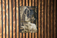 a picture of a person in a room with wood slats