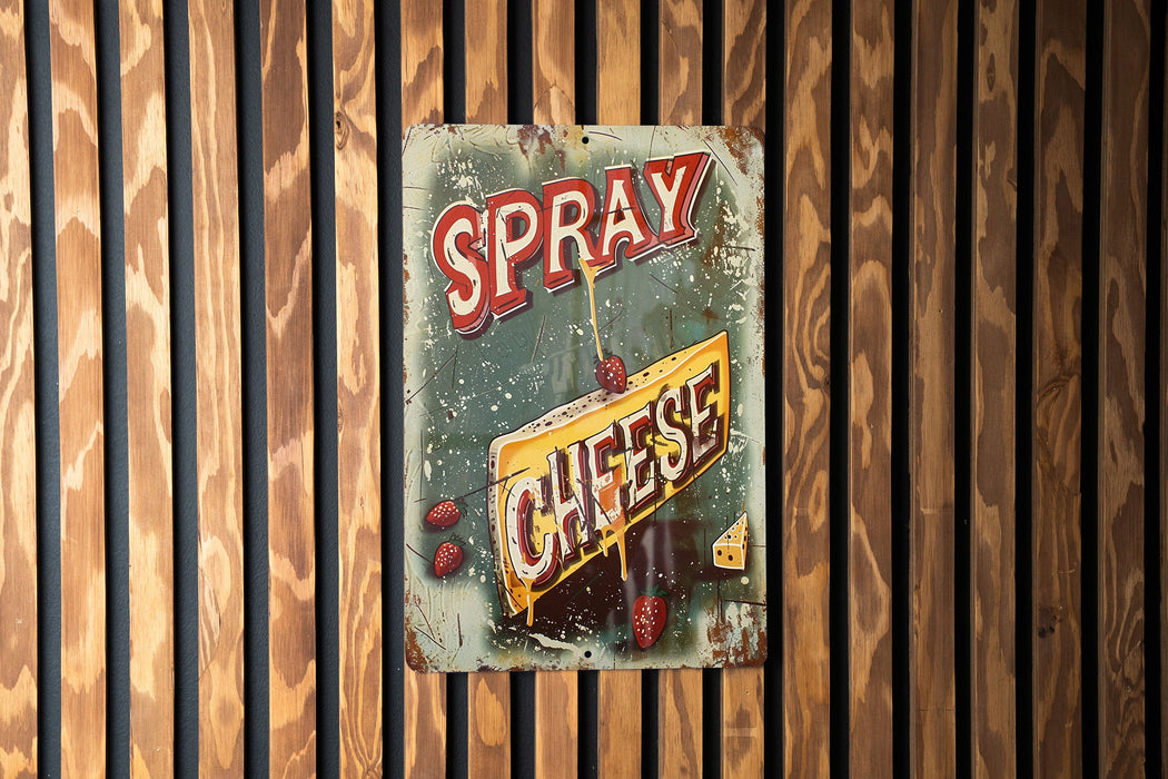 a sign on a wooden wall that says spray cheese