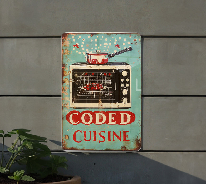 a sign on a wall that says coded cuisine