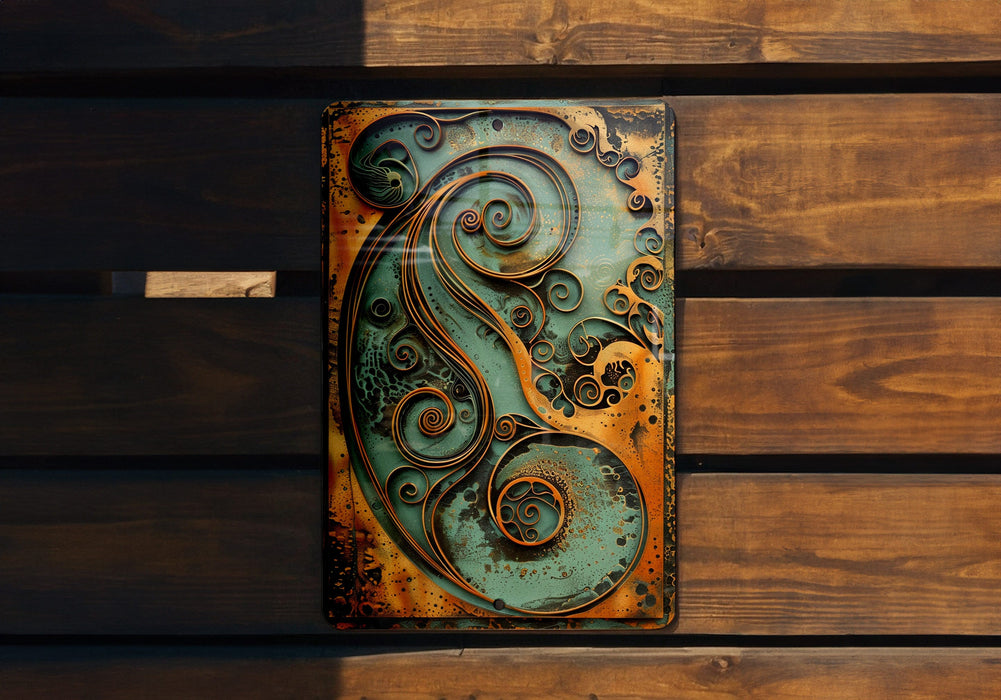 a metal art piece sitting on top of a wooden bench