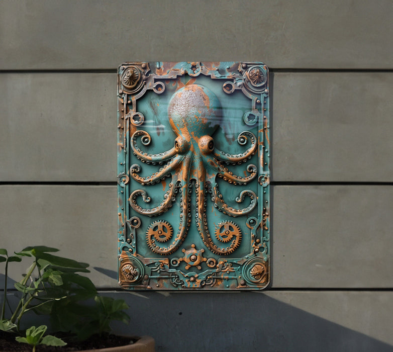 an octopus sculpture on a wall next to a potted plant