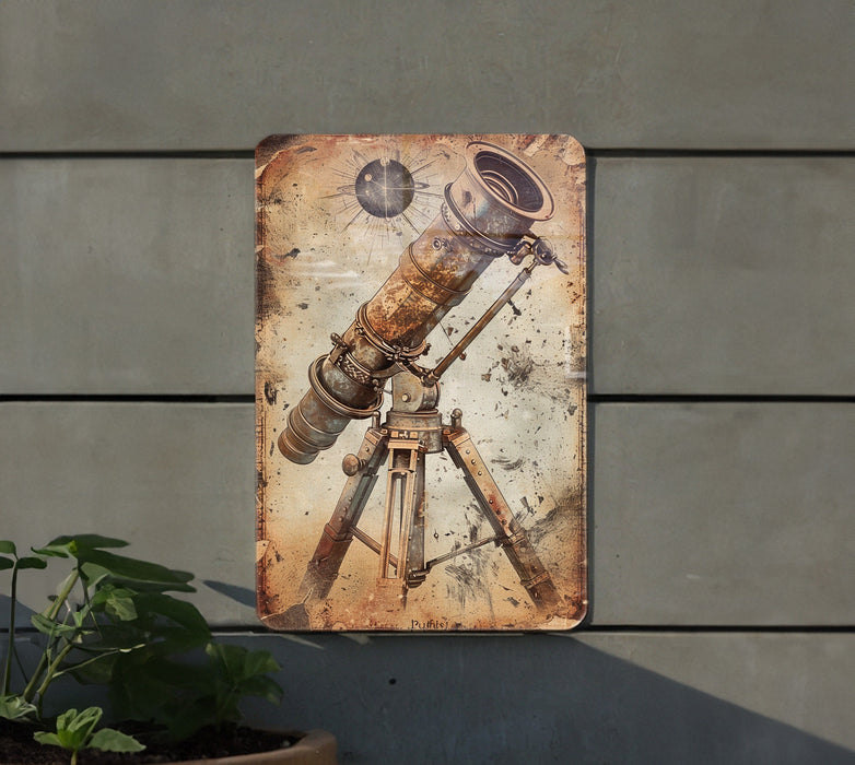 a metal sign with a telescope on it