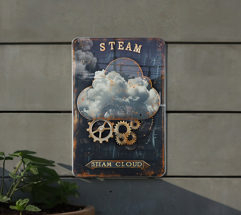 a metal sign with gears and clouds on it