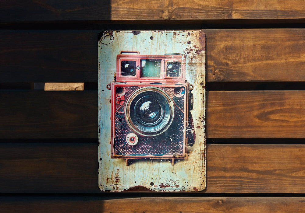 an old camera mounted to a wooden wall