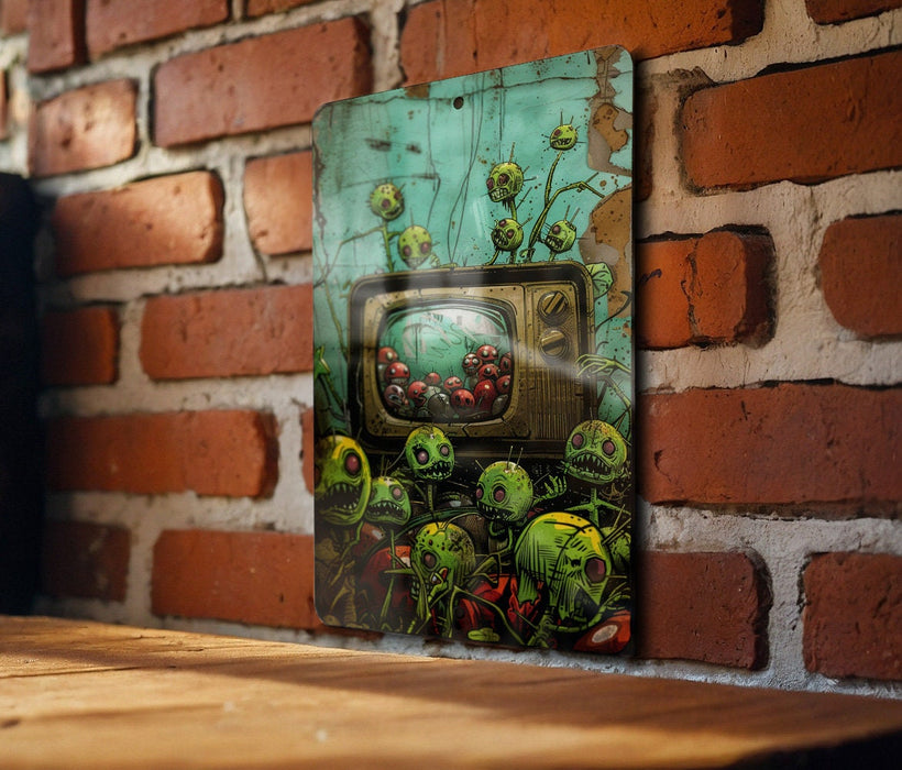 a picture of a television on a brick wall