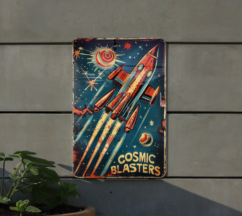 a metal sign that says cosmic blasters on it