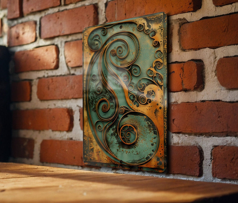 a painting on a brick wall next to a wooden table