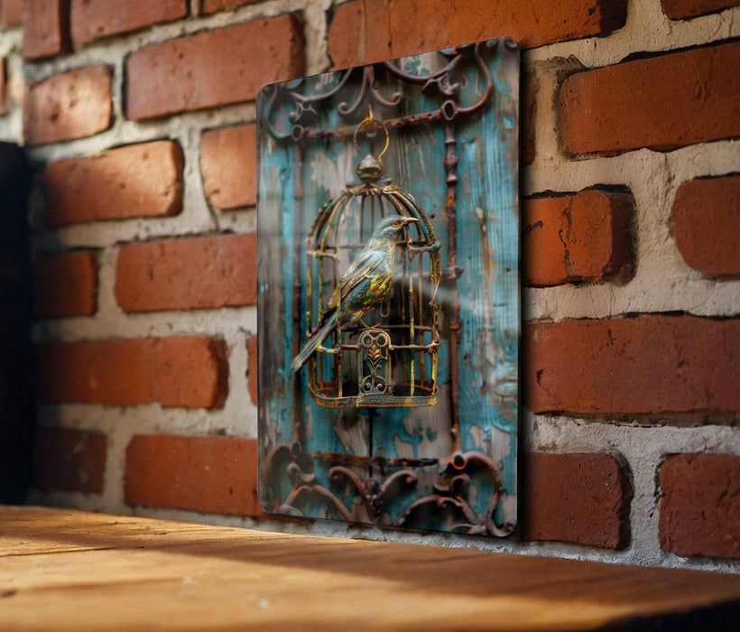 a bird in a cage on a brick wall