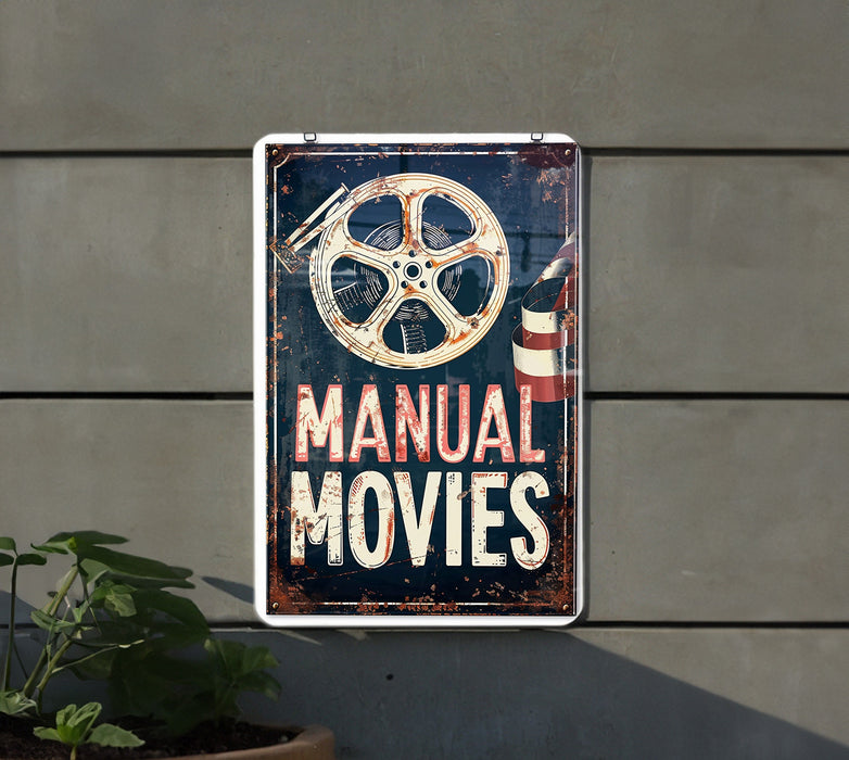 a sign that says manual movies hanging on a wall
