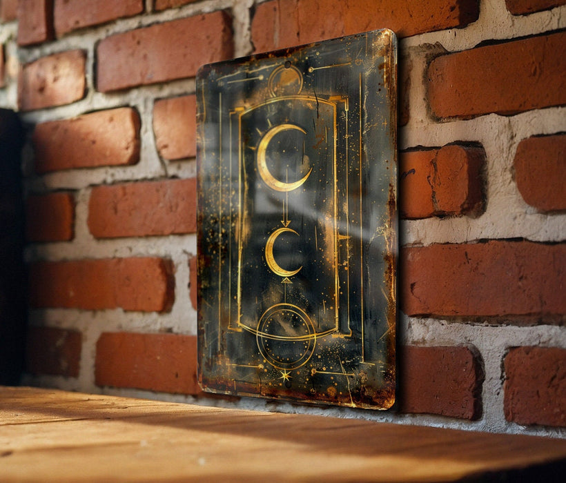 a wooden table with a sign on a brick wall