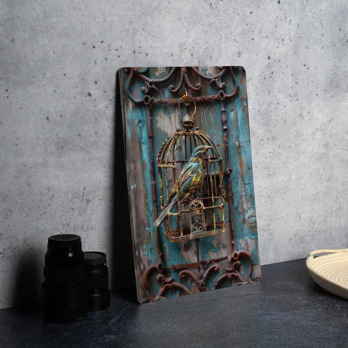 a picture of a bird in a cage on a table