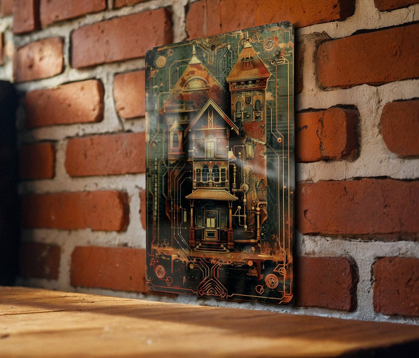 a picture of a house on a brick wall
