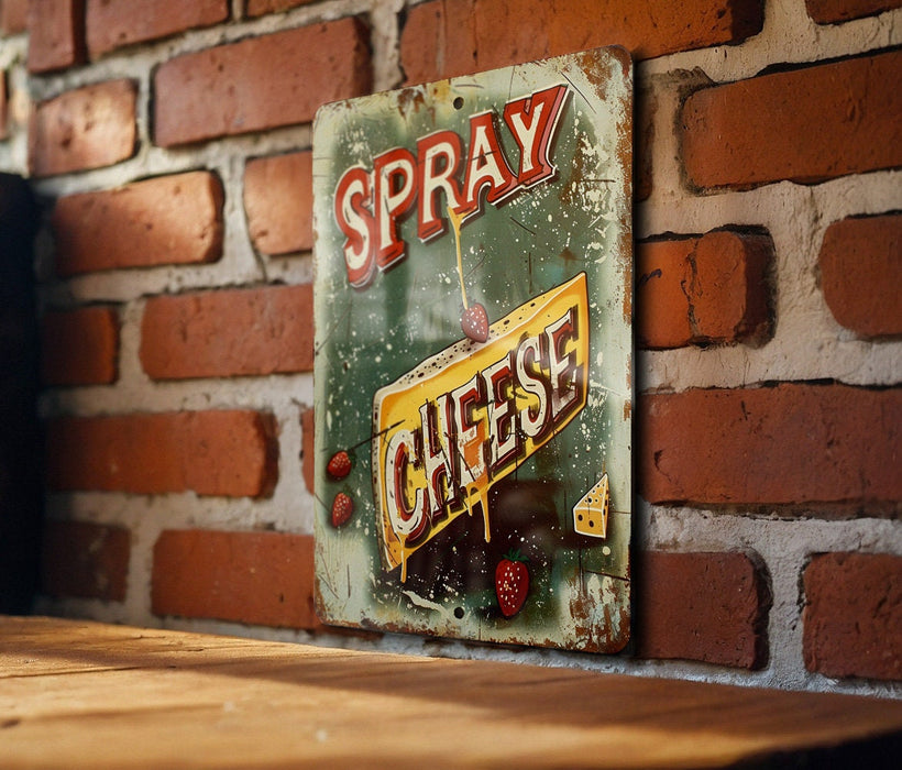 a sign on a brick wall that says spray cheese