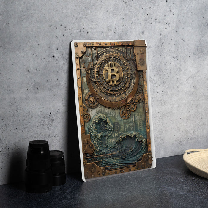 a picture of a bitcoin on a table next to a pair of binoculars