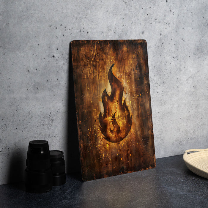 a picture of a fire on a wooden plaque