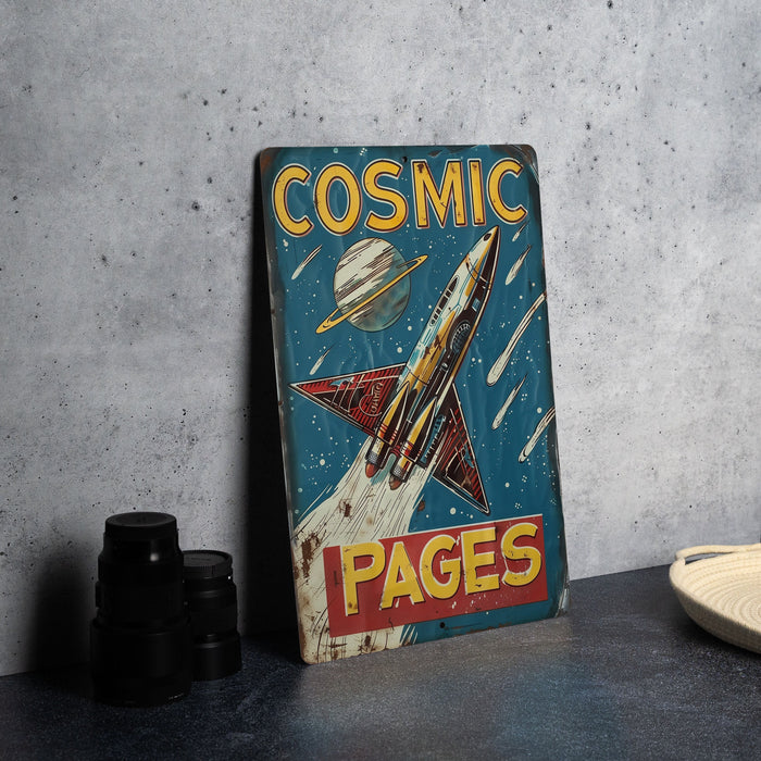 a metal sign that says cosmic pages on it