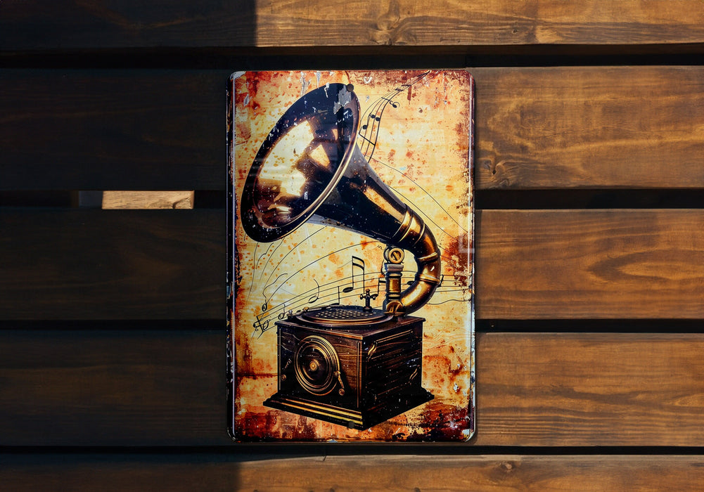 a metal sign with a picture of a speaker on it