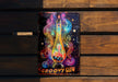 a painting of a rocket ship on a wooden bench