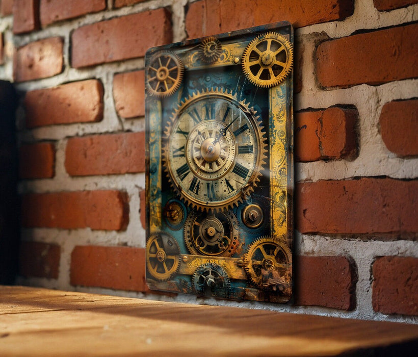 a clock mounted to a brick wall on a table