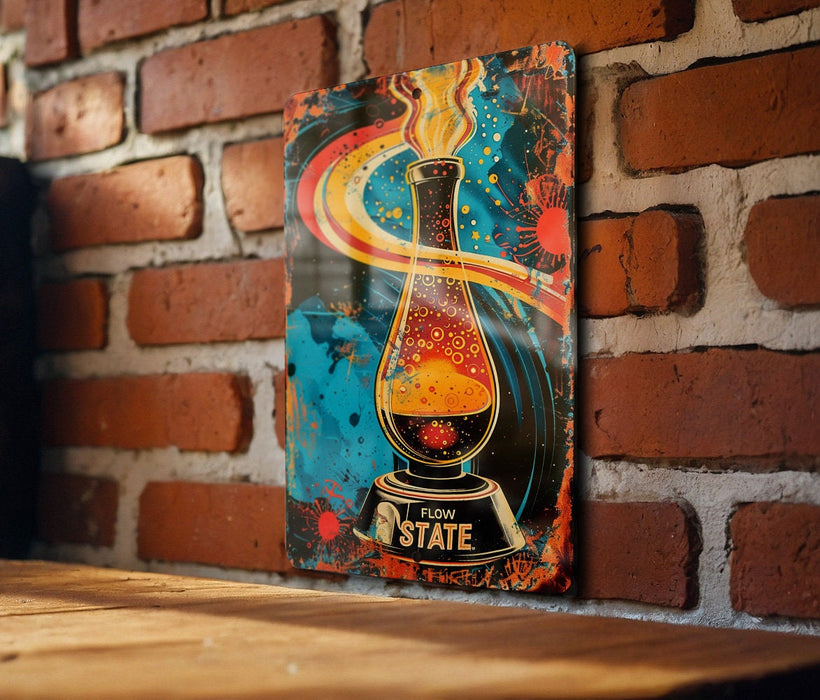 a painting on a brick wall next to a wooden table