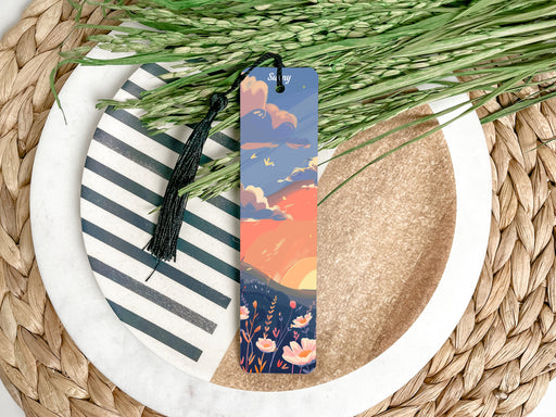 a close up of a plate with a bookmark
