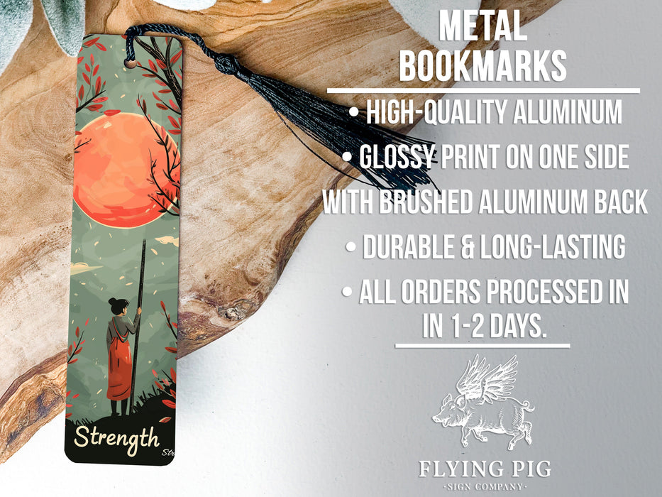 a bookmark with a picture of a woman in a forest