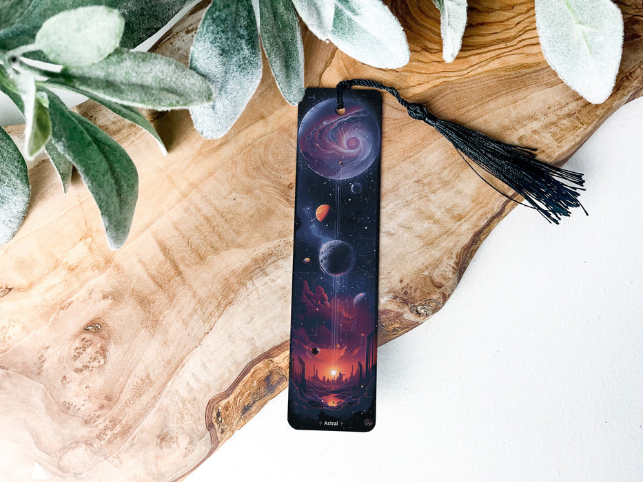 a bookmark with a picture of planets on it