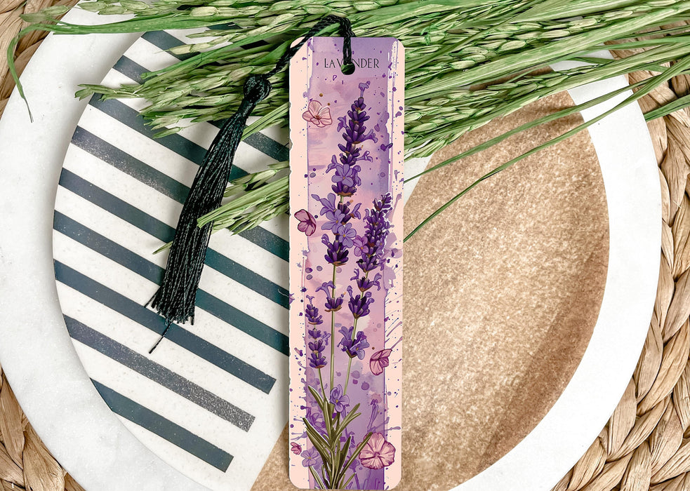 a purple bookmark with lavender flowers on it
