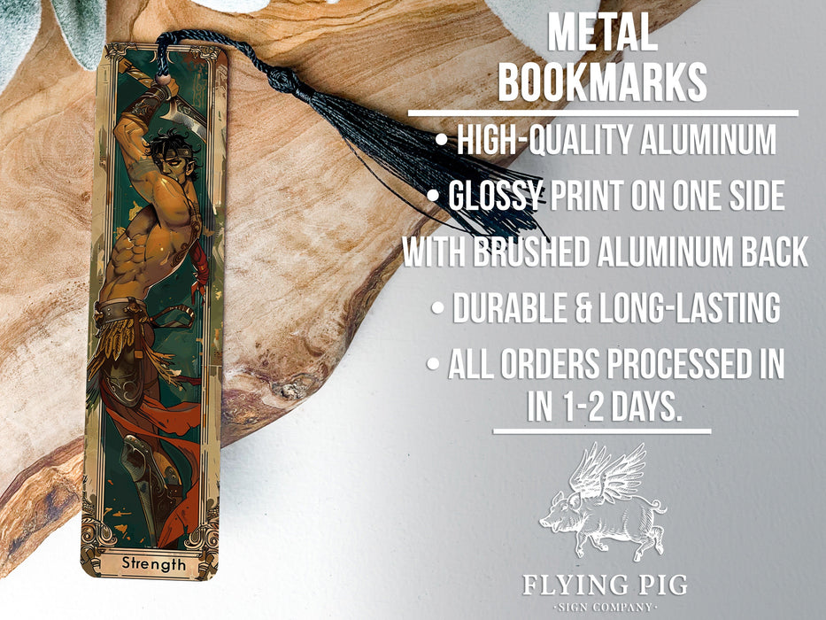 a metal bookmark with a picture of a man holding a sword