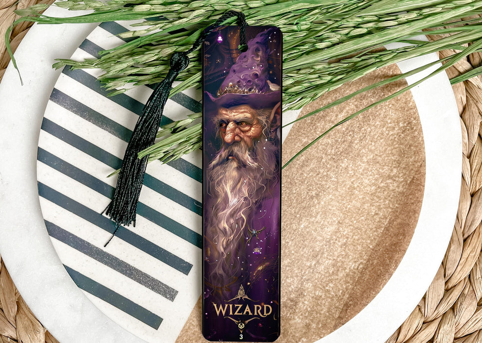 a bookmark with a wizard on it sitting on a plate