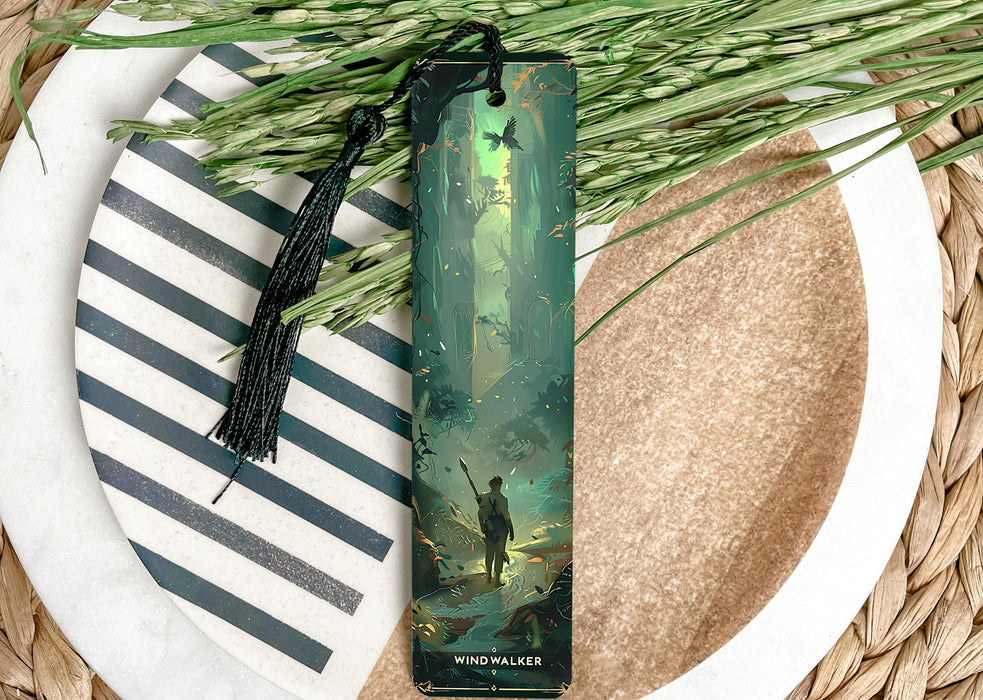 a bookmark with a picture of a man in the woods