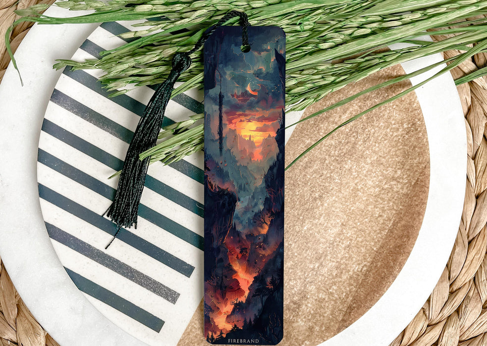 a bookmark with a picture of a volcano on it