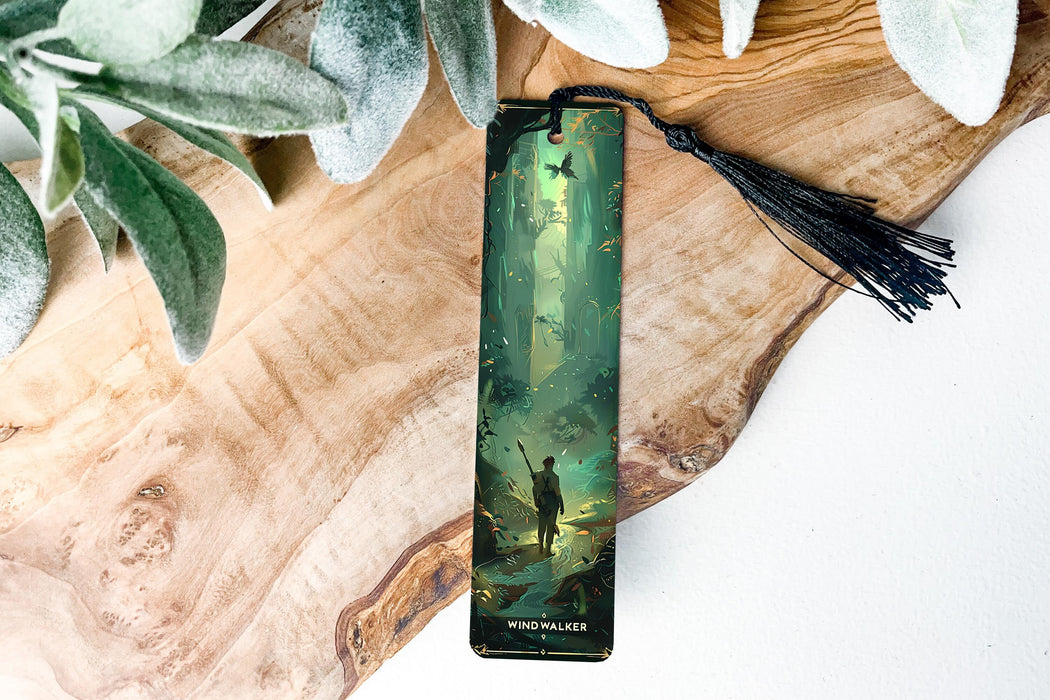 a bookmark with a picture of a man in a forest
