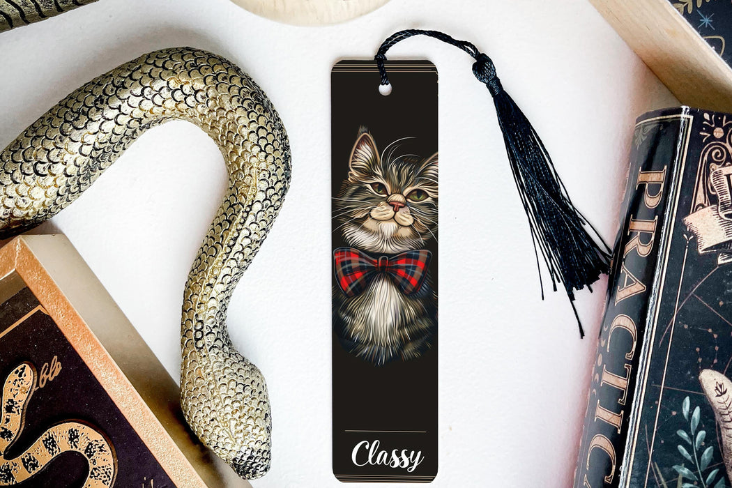 a bookmark with a picture of a cat wearing a bow tie