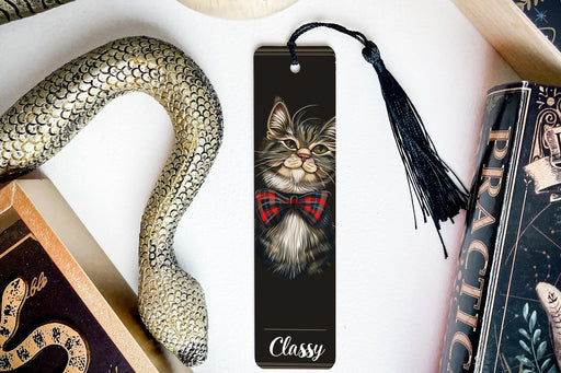 a bookmark with a picture of a cat wearing a bow tie