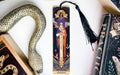 a bookmark with an image of the virgin mary and a snake