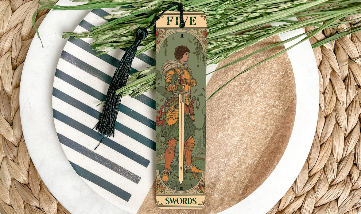 a bookmark with a picture of a man holding a sword