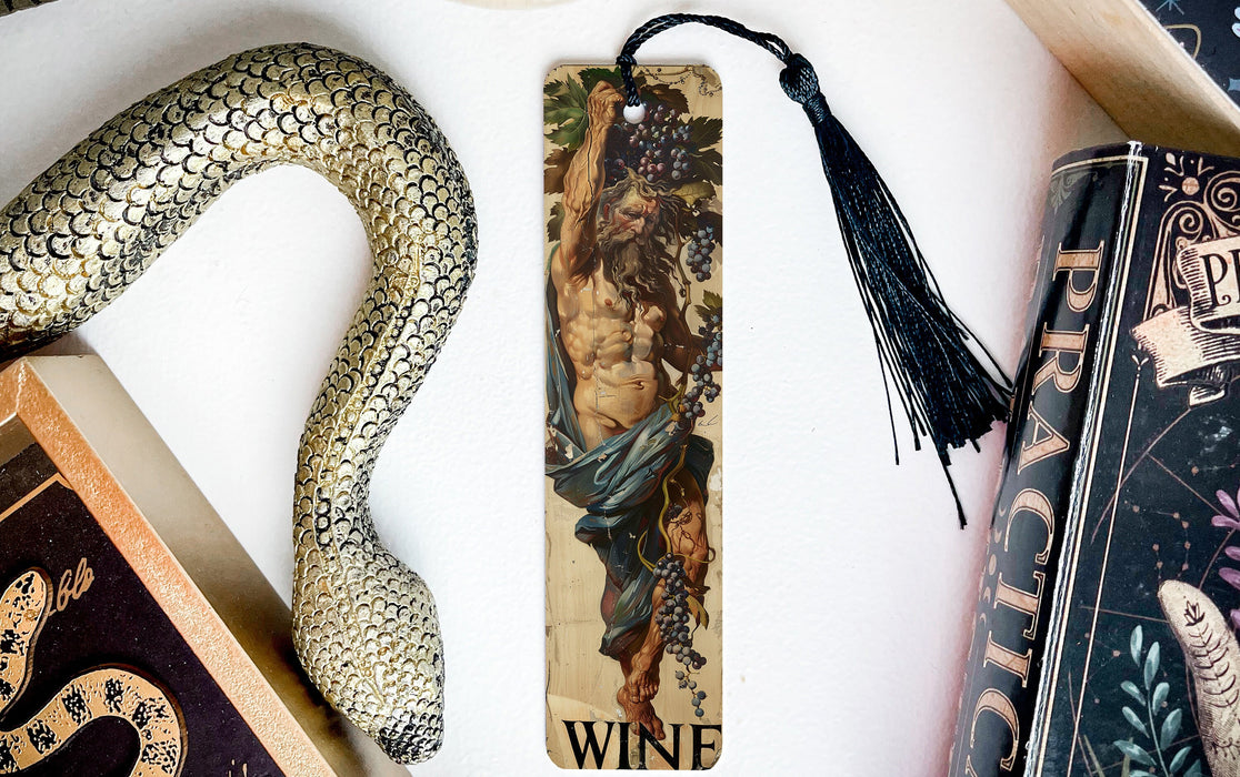 a bookmark with a picture of a man and a snake on it
