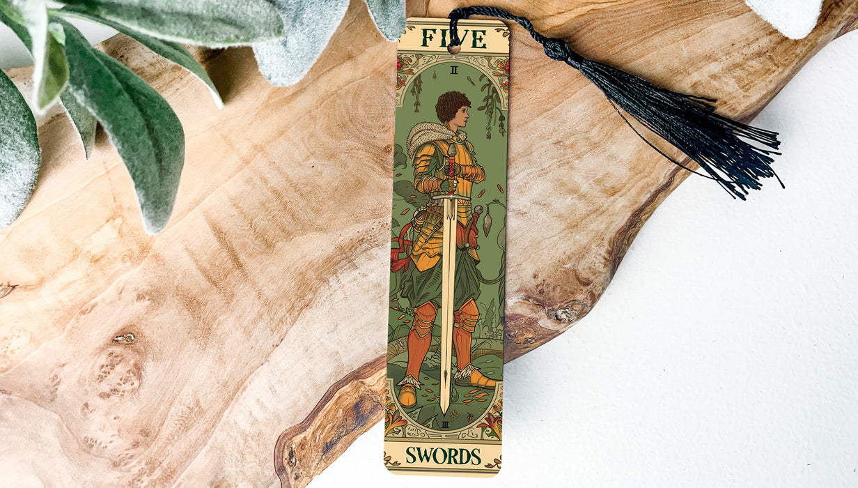a bookmark with a picture of a man holding a sword